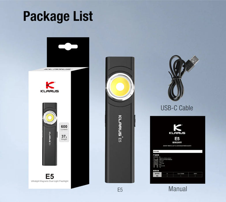 Klarus E5 Ultralight Magnetic Dual Flashlight - 600LM - Gunmetal Grey