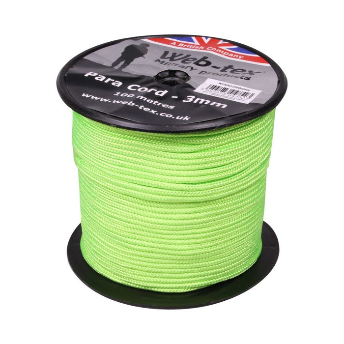 Web-Tex 3mm Neon Green Paracord - 100 Metres