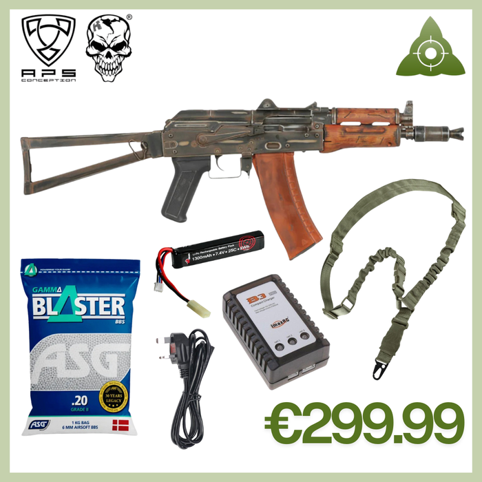 APS AK-74U Full Metal/Real Wood Battle Worn - Rifle Bundle