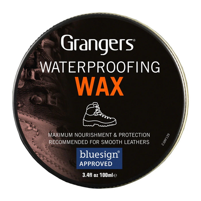 Grangers waterproofing wax tin with branding and product details on a white background