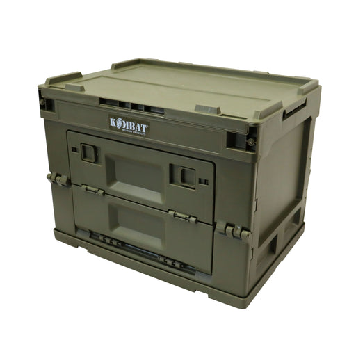 Green storage crate with 'Kombat' branding on a white background
