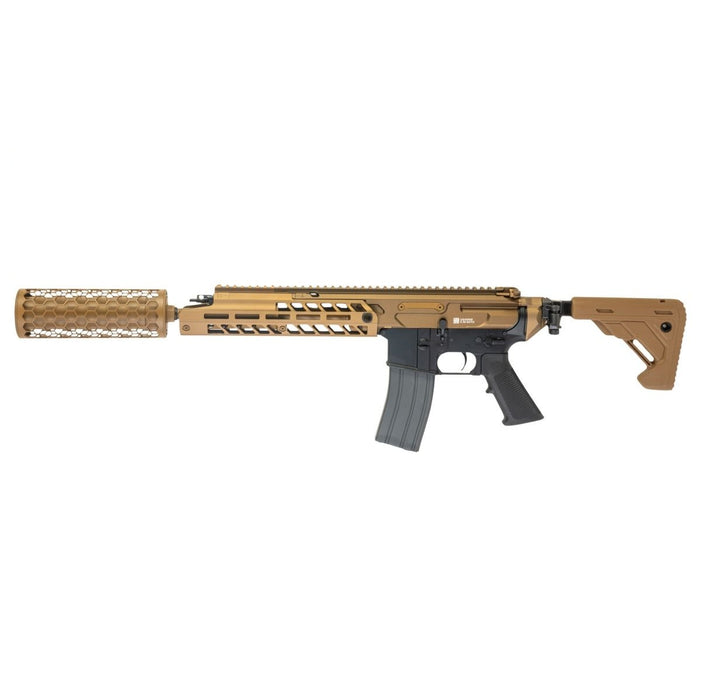 A tactical rifle shown in side profile against a solid white background, featuring a bronze anodized aluminum receiver, handguard, and stock, paired with a matching tan honeycomb-patterned barrel shroud and a black magazine.