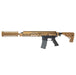 A tactical rifle shown in side profile against a solid white background, featuring a bronze anodized aluminum receiver, handguard, and stock, paired with a matching tan honeycomb-patterned barrel shroud and a black magazine.