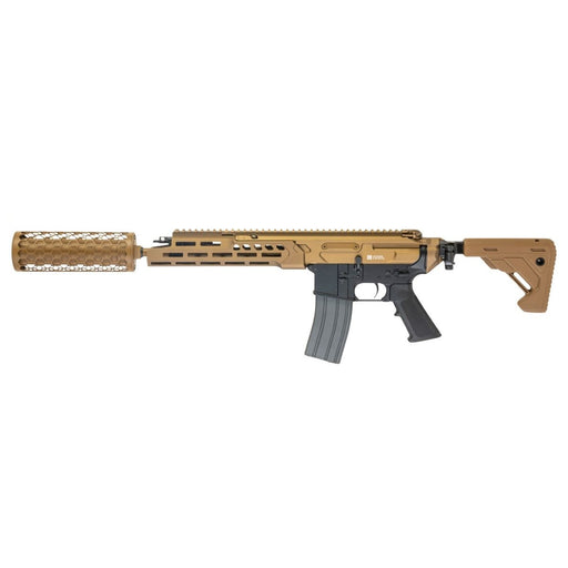 A tactical rifle shown in side profile against a solid white background, featuring a bronze anodized aluminum receiver and handguard with a matching tan silencer, a black pistol grip, and a gray magazine.
