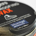 Close-up of a container of shoe wax with 'bluesign' approval label.