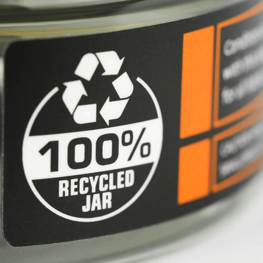 100% recycled jar label on a product packaging