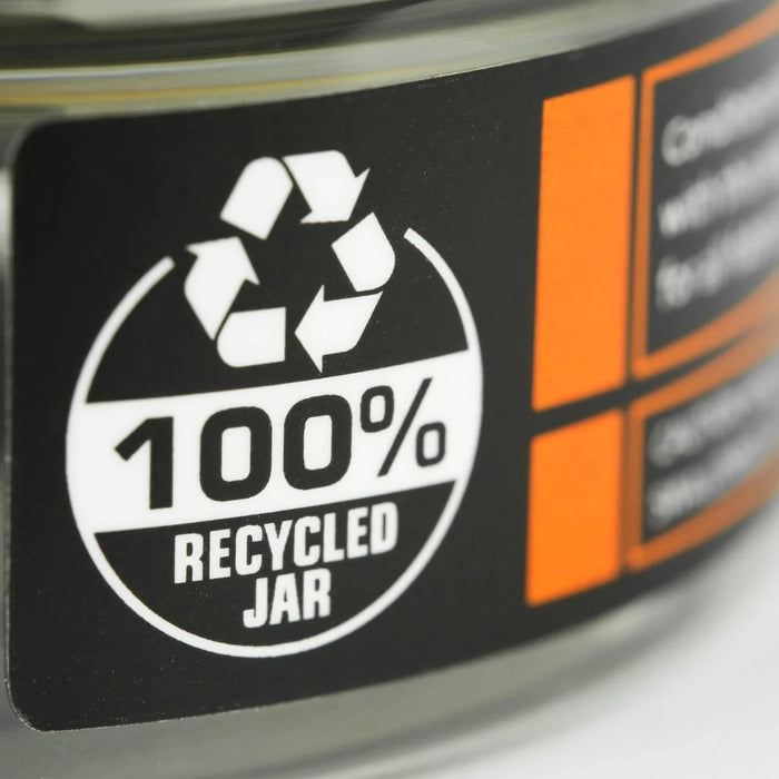 100% recycled jar label on a product packaging