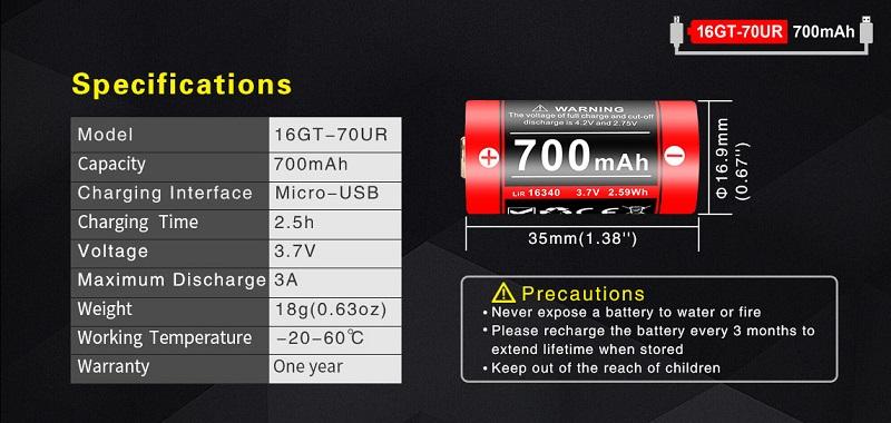 Klarus 16340 16GT-70UR Rechargeable Battery - 700mAh